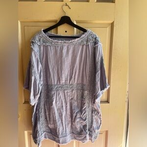 We The Free Free People Cotton Gauze Periwinkle Blue Lace Accent Romantic Top XL
